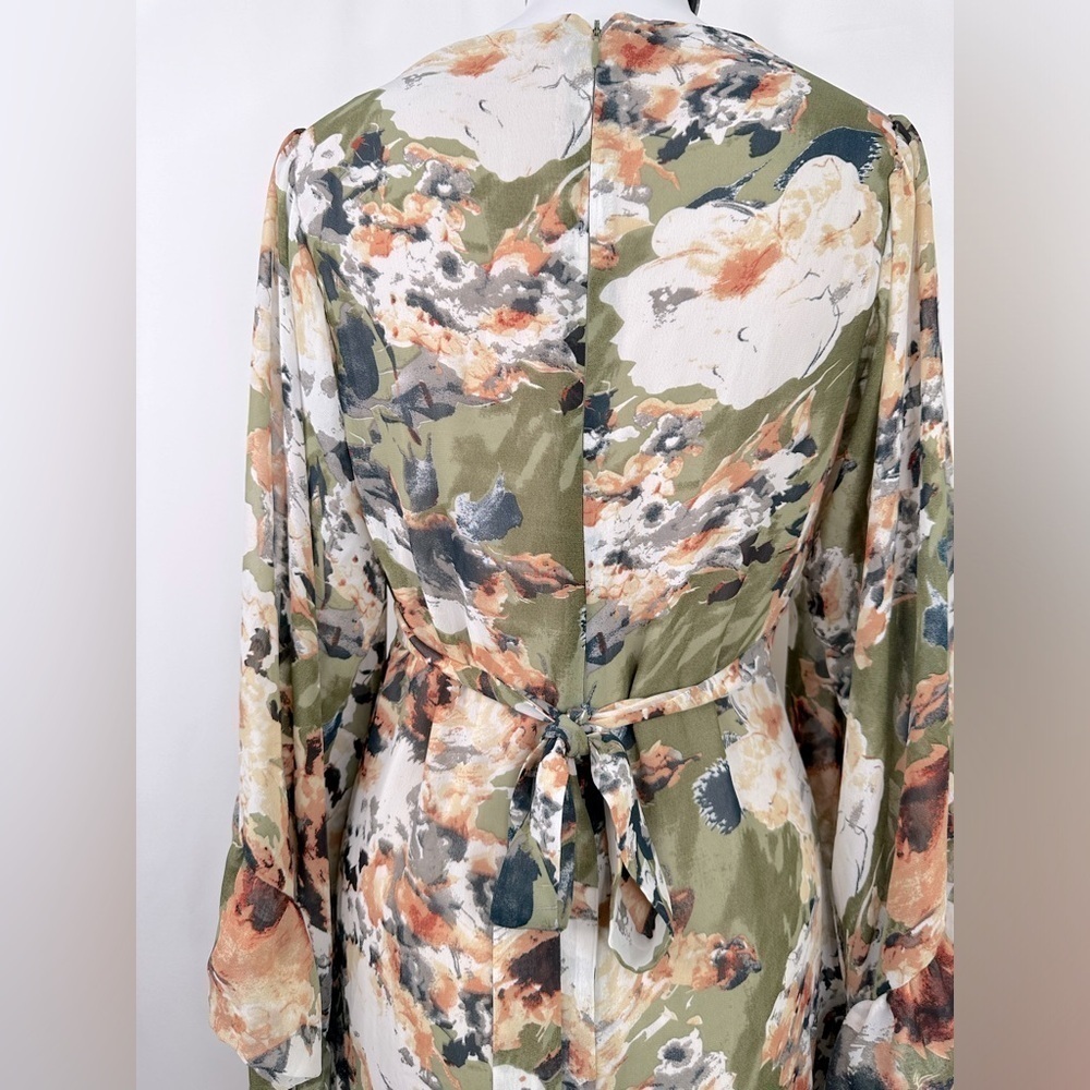 Betsy Johnson Boho Olive Green Floral Ruffle Mini Dress Bell Sleeves Size 8 - Picture 7 of 14